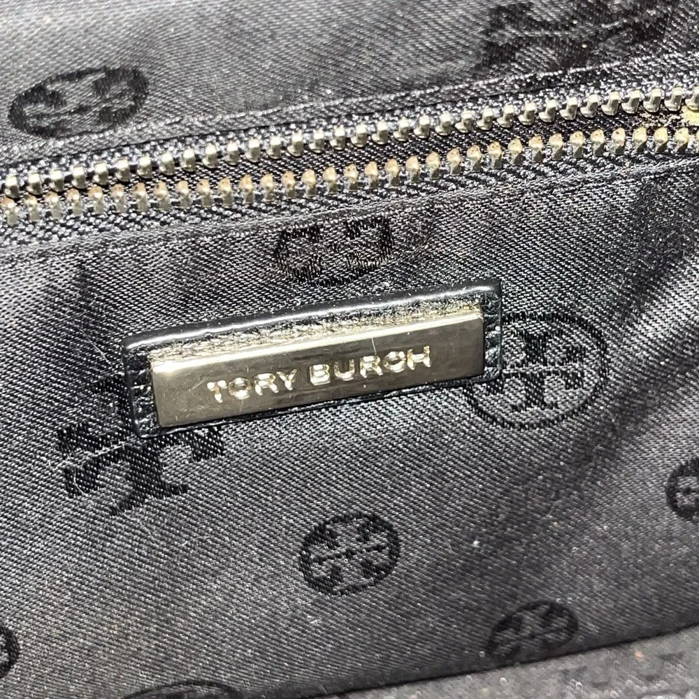 Tory Burch McGraw Black Pebbled Leather Backpack Tassel Double T Logo Stains